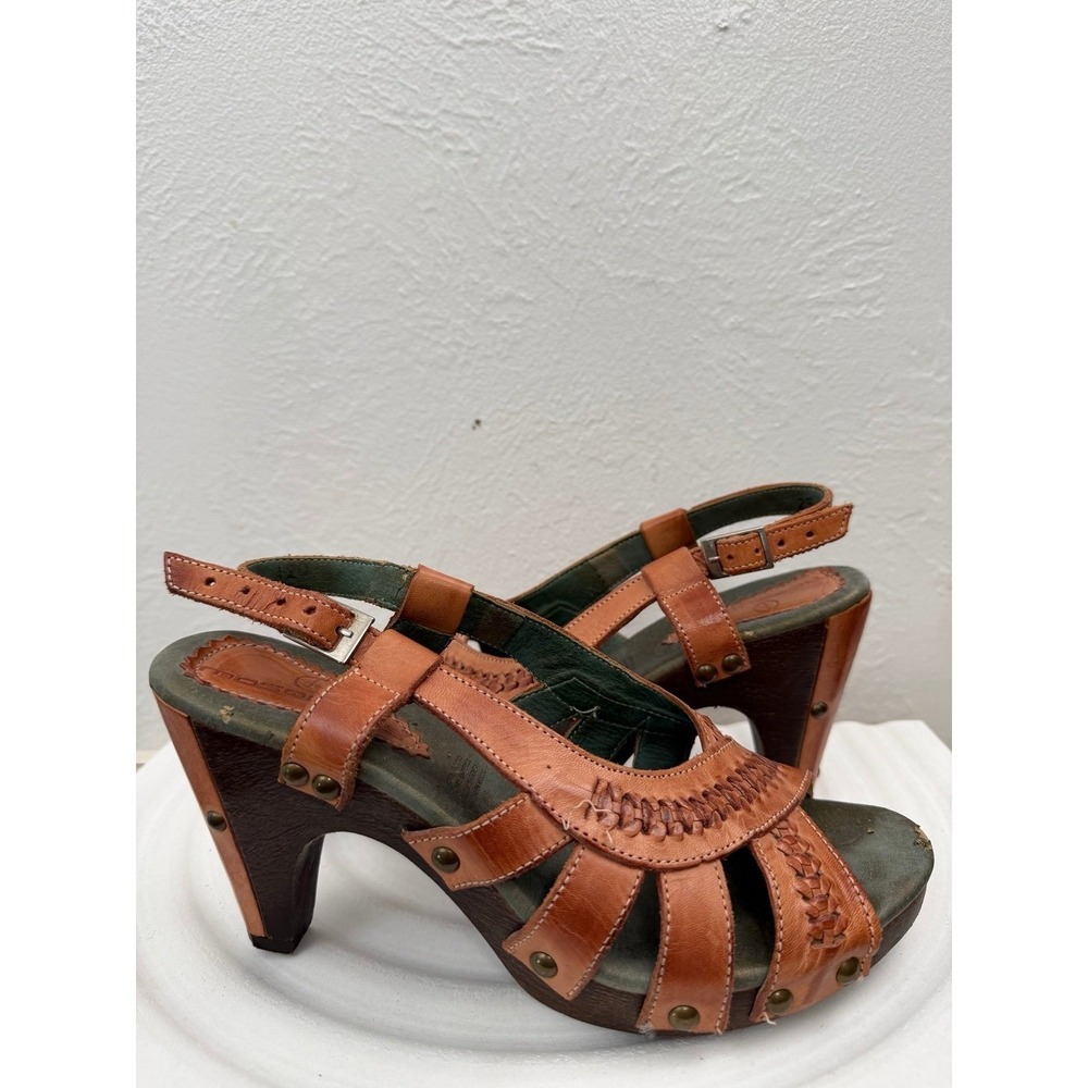 Mosquitos Brown Leather Wood Platform Heels Slingback Sandals Women's 8 / 25